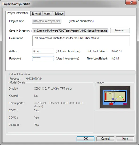 Project Configuration MAPware-7000 Project Configuration Window, Project Information Tab displayed. Project Information tab is where a project can be password protected