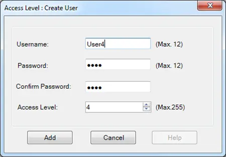 Create User Window MAPware MAPware-7000 "Create User" window has fields to assign user name, password and access level.