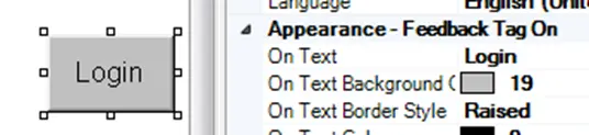 "On text" properties of an object Changing the "On Text" properties of an object to reflect the purpose of the button (in this case, a log in button)
