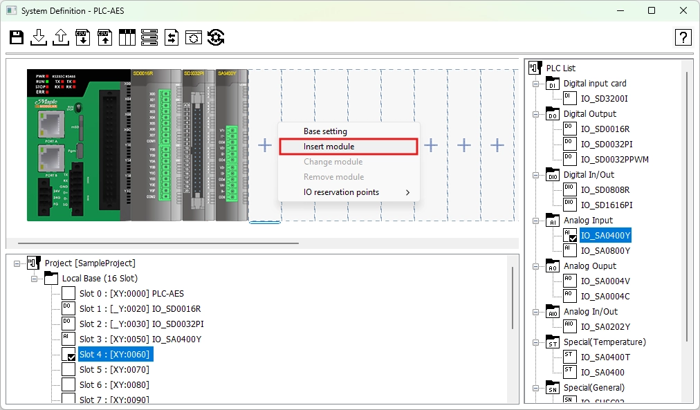 Left click empty slot and click "Insert Module" to start the IO module selection process in MapleLogic