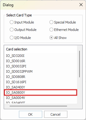 Select the IO module to assign to the PLC chassis slot and click "OK" within MapleLogic's Special Configuration Window Dialog window