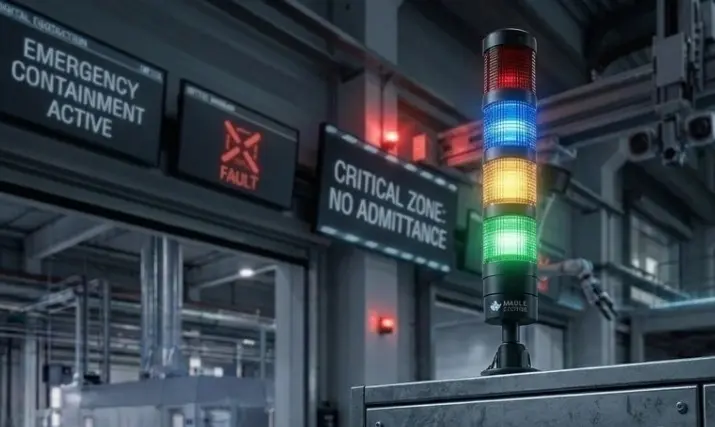 Stack lights in a factory showing an alarm