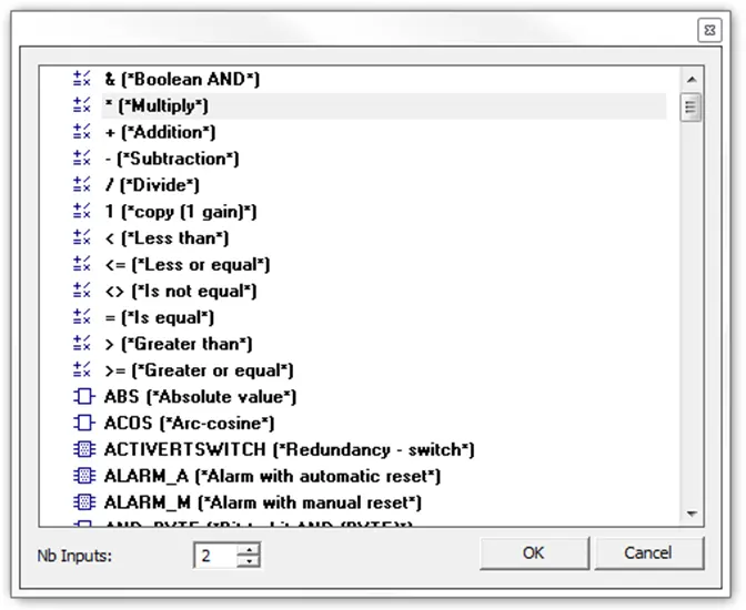 Function Block Dialog menu, showing available FB options from which to choose