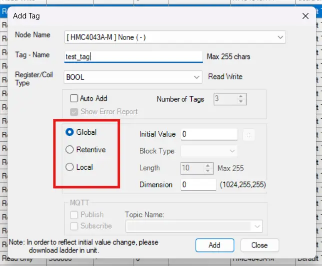 Outlining the radio buttons that allow a user to define the scope of the MAPware tag