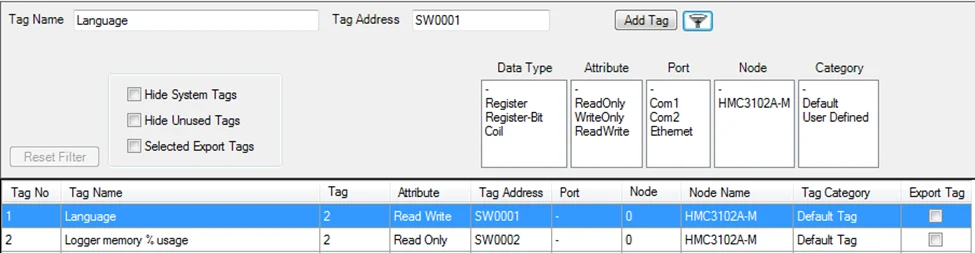 Filter tags by data type, attribute, port, node and category. Can also hide system or unused tags.