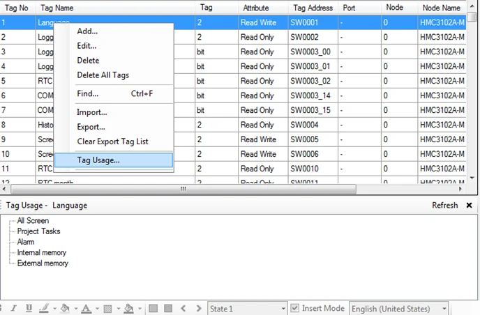 Select a tag in the database and see where in the project the tag is used.