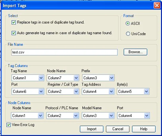 Mapware-7000 Import Tags window