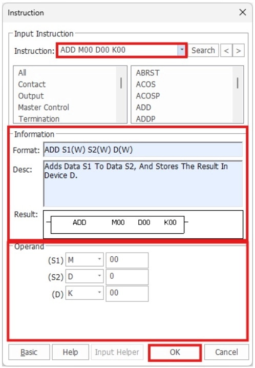 Selecting Add instruction in the application instruction window in MapleLogic