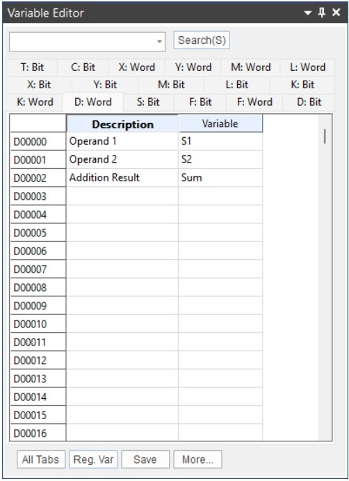 View register descriptions and variables in Variable Editor window in MapleLogic