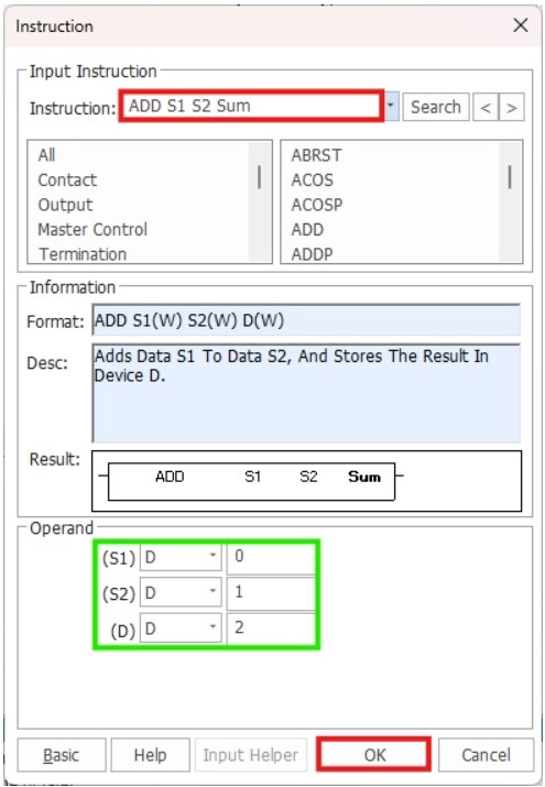 Selecting registers within the application instructions in MapleLogic