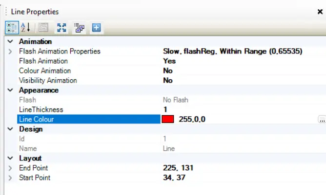 MAPware-7000 (HMC4000): Writing in custom RGB values for a "Line Color" A screenshot demonstrating an RGB value for "red" (255,0,0) in the "Line Color" parameter of a simple shape in MAPware-7000. This option is unique to the HMC4000 series.