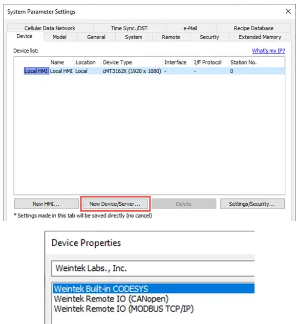 Codesys import 1 Device tab of System Parameters menu - Adding a Weintek Built-in CODESYS device