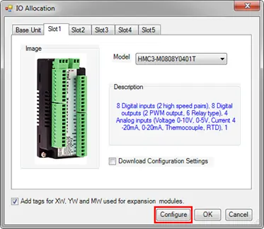 IO Allocation Window, configure button highlighted