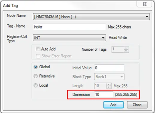 Declare the dimensions for the array in the add tag window
