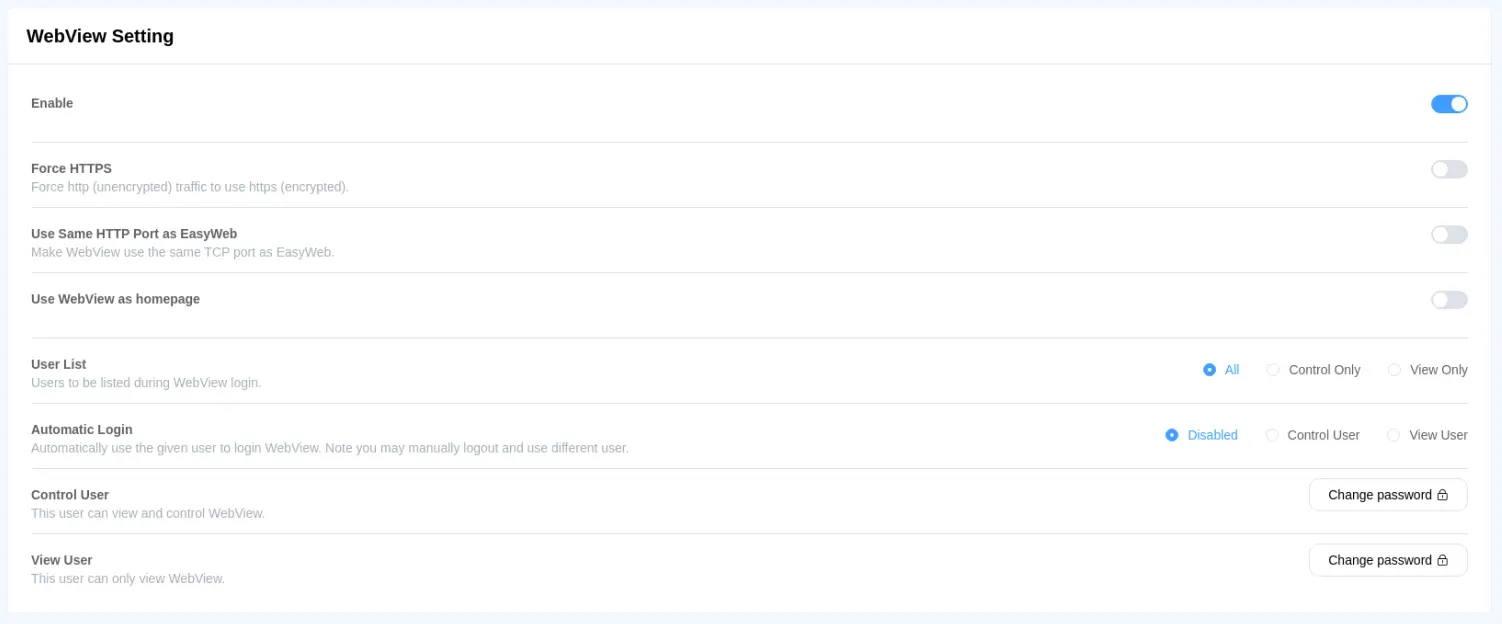 cMT Web HMI Enable WebView Settings HTTPS Settings Control User View User
