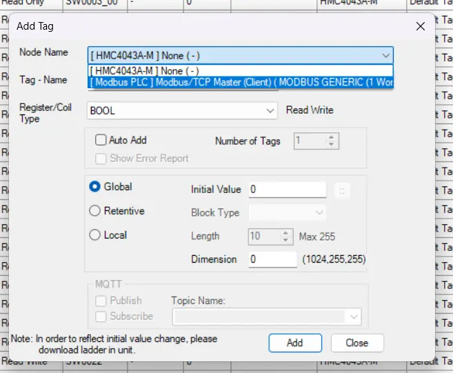 Showing the dropdown selector for different network nodes in the MAPware-7000 "add tag" dialog box