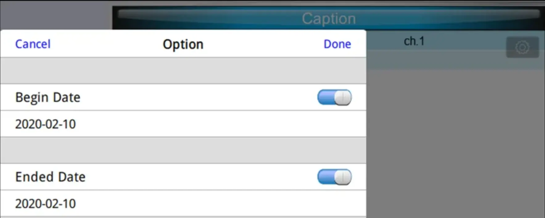 Click the gear icon in the upper right corner (for cMT and cMT X Series models) to select the begin and end dates of data shown