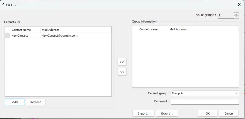 EBPro Email Contact Editor EBPro System Parameters, Email tab, contact editor. This is where e-mail contacts and groups can be configured.