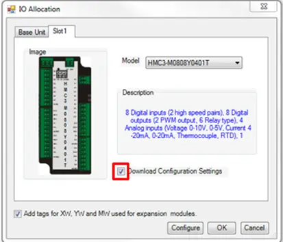 IO Allocation Window, download config settings checkbox selected