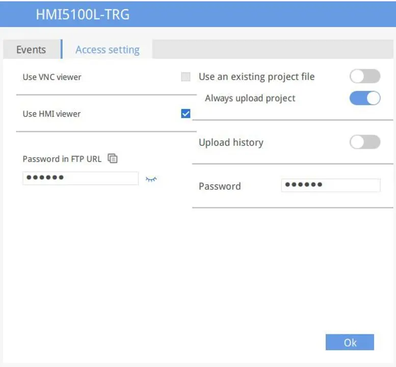 This is the HMI Settings window within the EA2.0 application. Various HMI connection, events and access settings are configured here.