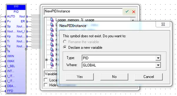 New FBI New Function Block Instance can be created by typing the name of the new instance in the text area