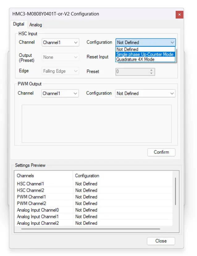 A Screenshot of the I/O configuration in MAPware that's demonstrating the area and options for configuring a High Speed Counter