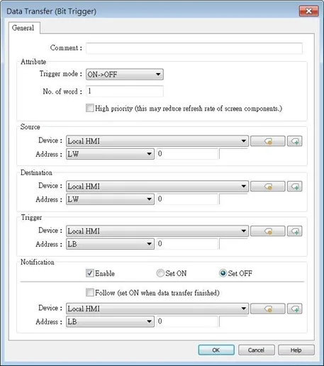 EBPro Global Data Transfer (bit trigger), General tab Data Transfer (bit trigger), General Tab. This is where the configuration of the data transfer, including the trigger, is defined.