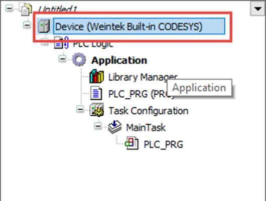 Creating a Codesys project 3 Scan for the newly Activated HMI and connect to it. Double-click the Weintek Device in the Devices pane.