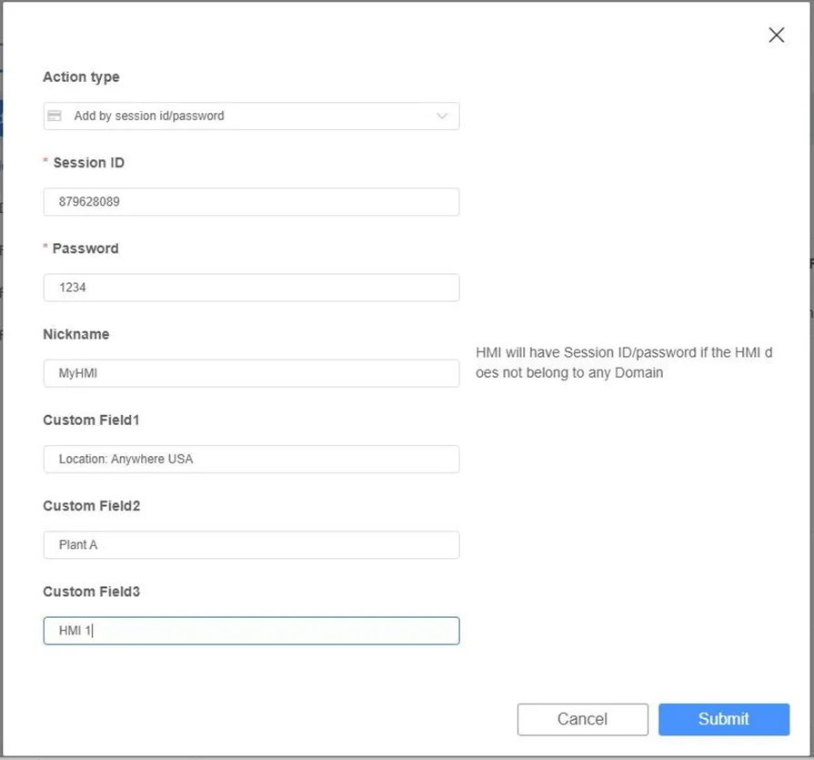 Using the Session ID and Password that is shown on Window 76, you can add the HMI to the domain.  The HMI will have a session ID and password only if it does not currently belong to a domain.