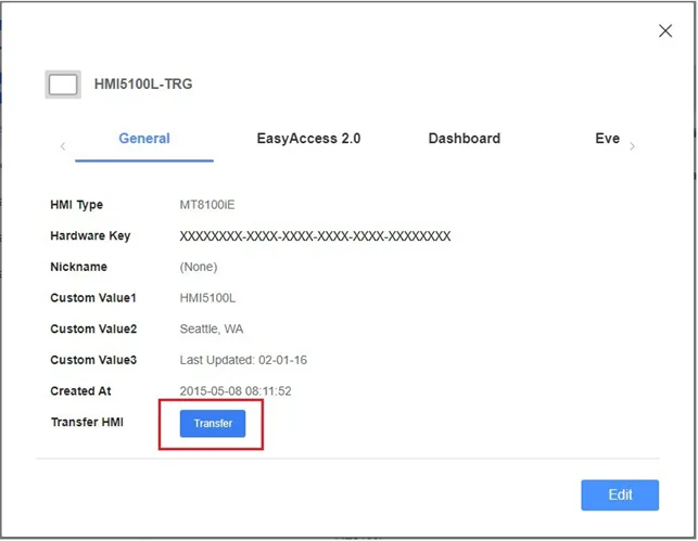 To move the HMI to another domain, select the HMI under the Devices tab in the domain, click on the info icon and click Transfer.