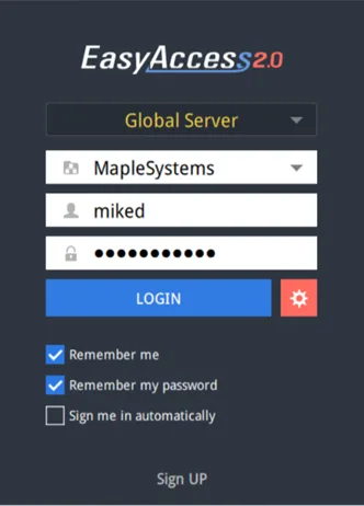 Main EasyAccess 2.0 application login page. Note Global Server is selected. Current login shows MapleSystems Domain, and user miked with password is about to log in.