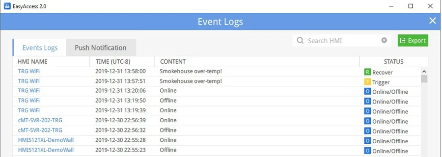 The Event Logs display a list of events (e.g., “HMI Online”, “HMI Offline”, etc.), as well as any alarms (configured with the Push Notifications feature) for HMIs assigned to the currently logged in user.