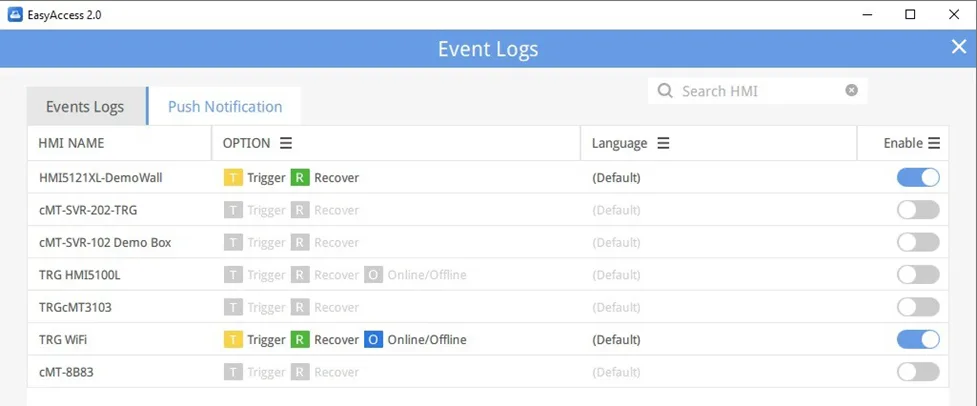 The Push Notification tab allows you to Enable/Disable push notifications for an HMI. Options include Trigger (when an event is triggered), Recover (when an event returns to normal), and Online/Offline.