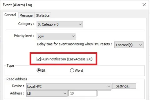 Configuration of the Event (Alarm) Log in EBPro to enable EasyAccess 2.0 Push Notificaitons.  Events must have this option enabled prior to being shown in the EA2.0 Push Notifications page.