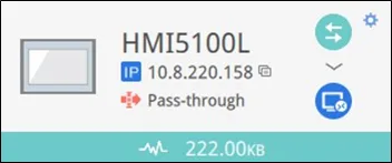 HMI connected via EA2.0 application EasyAccess 2.0 HMI showing connected. The "Pass-through" icon shows under the HMI's virtual IP address.