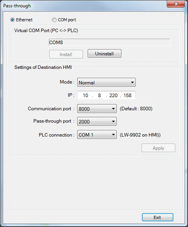 Pass Through window Pass-Through Settings as seen in the Utility Manager.