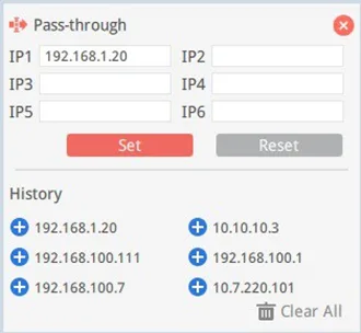 Enter PLC IP Address Pass Through window showing entry options for up to 6 PLC IP addresses. Choose a previously used one from the History section or enter a new one