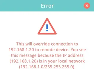 Error message if IPs are in the same neighborhood Error message will show if the remote PLC and the local computer share the same private IP address range