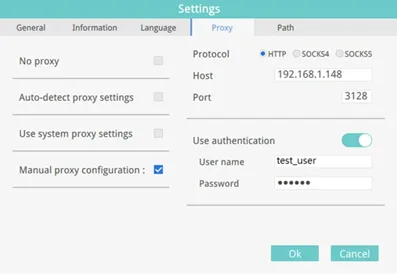 Configure Proxy Settings from the Proxy tab of the EA2.0 Settings menu EasyAccess 2.0 Proxy Settings tab of the main 'Settings' screen. Enter the Proxy Type, Host Address, Port Number and Login Credentials obtained from the network administrator.