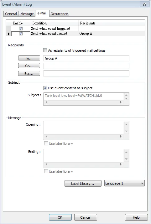 EBPro Event Alarm Log Email tab EBPro Event Alarm Log Email tab, providing options for sending an Email when the alarm is triggered, Note that the Email functionality must be first enabled within the EBPro System Parameter Settings window.
