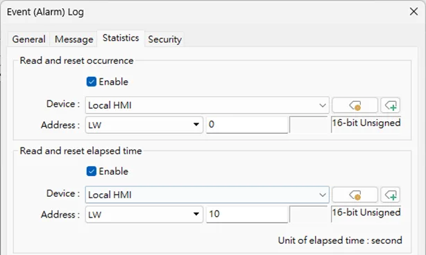 EBPro event alarm statistics EBPro Event Alarm Log Statistics tab, where registers can be defined to show the amount of times an alarms has been triggered as well as an elapsed time of an alarm being active.