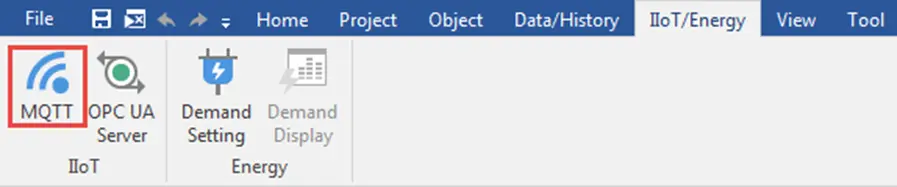 EBPro IIOT/Energy Toolbar, with the MQTT Object framed with a red square.