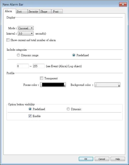 EBPro Alarm Bar Object EBPro New Alarm Bar Obejct dialog box, Alarm Tab selected. This tab allows for customization of the way an active alarm is to be shown.