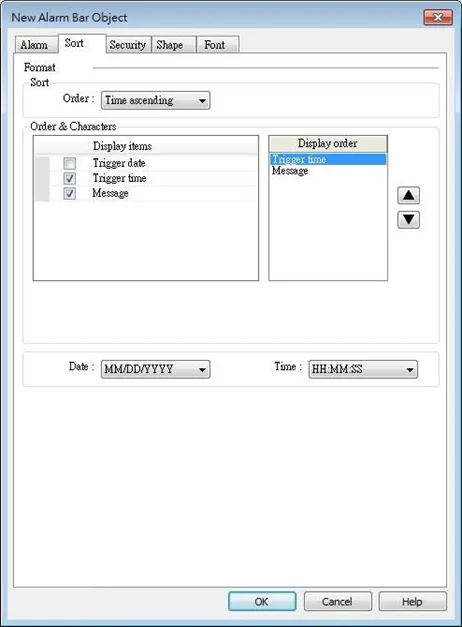 EBPro Alarm bar Sort tab EBPro Alarm Bar Object dialog window, Sort tab. This tab configures the display order of active alarms (message, trigger date and trigger time) can be enabled or disabled.
