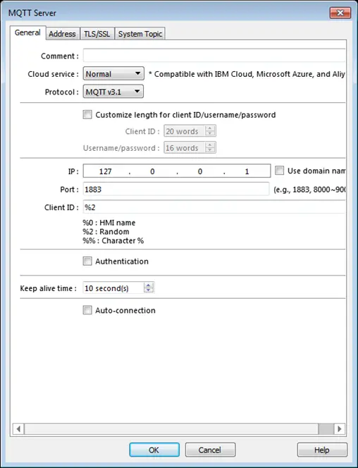 EBPro MQTT Server, General Tab using MQTT v3.1.1.