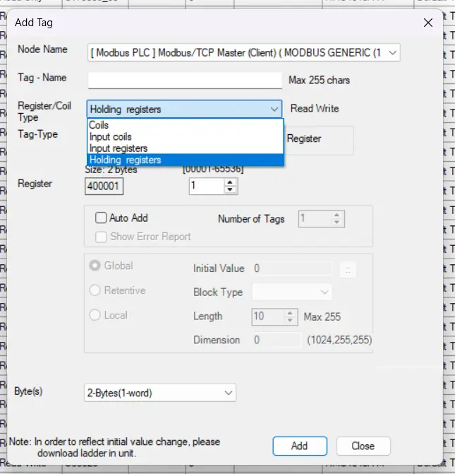 Displaying each of the tag types associated with Modbus tags in MAPware