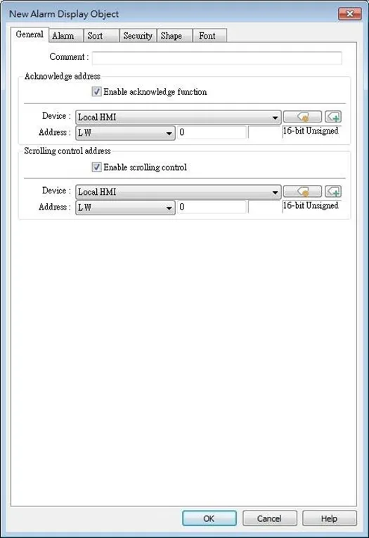 EBPro Alarm Display Object General Tab EBPRo Alarm Display Object, General tab. Alarm Display Objects are configured via the Data/History menu.