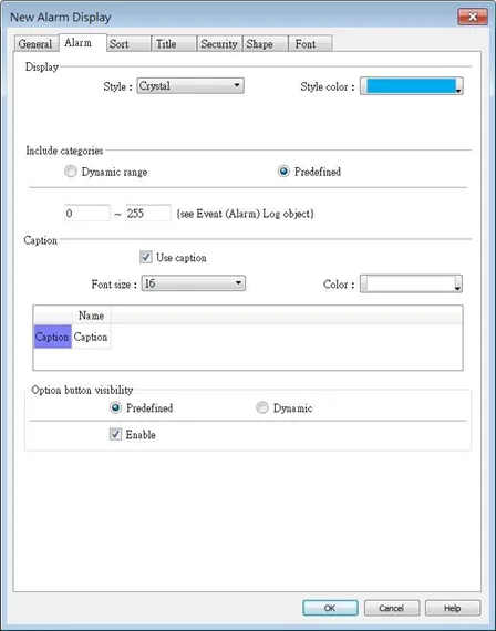 EBPro Alarm Display Object, Alarm tab.  This is the tab in which the style and visual attributes of the alarm display table are configured.