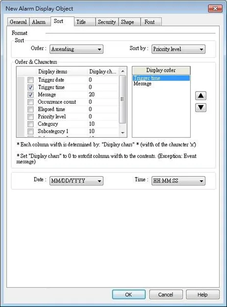 EBPro Alarm Display, sort tab EBPro Alarm Display Object, Sort tab. This is where various attributes of the alarm activation can be arranged and sorted within the alarm display object.