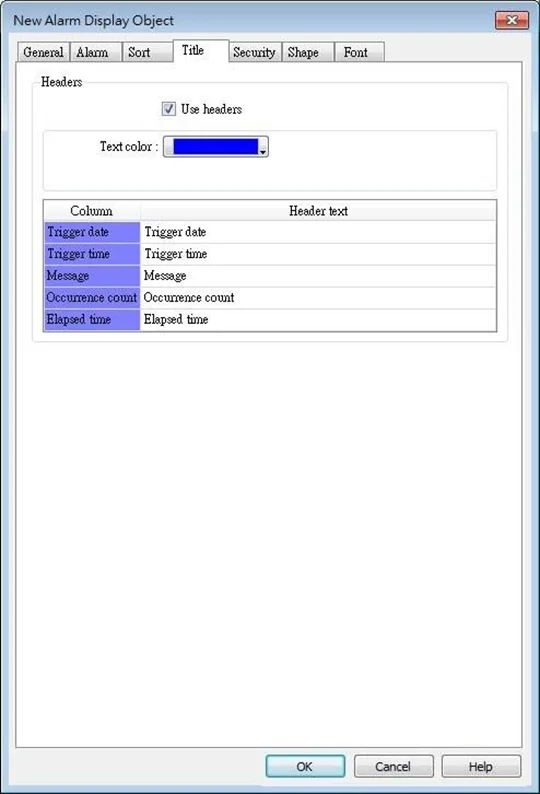 EBPro Alarm Display, Title Tab EBPro Alarm Display, Title Tab. This is where the header text for the alarm information is configured.
